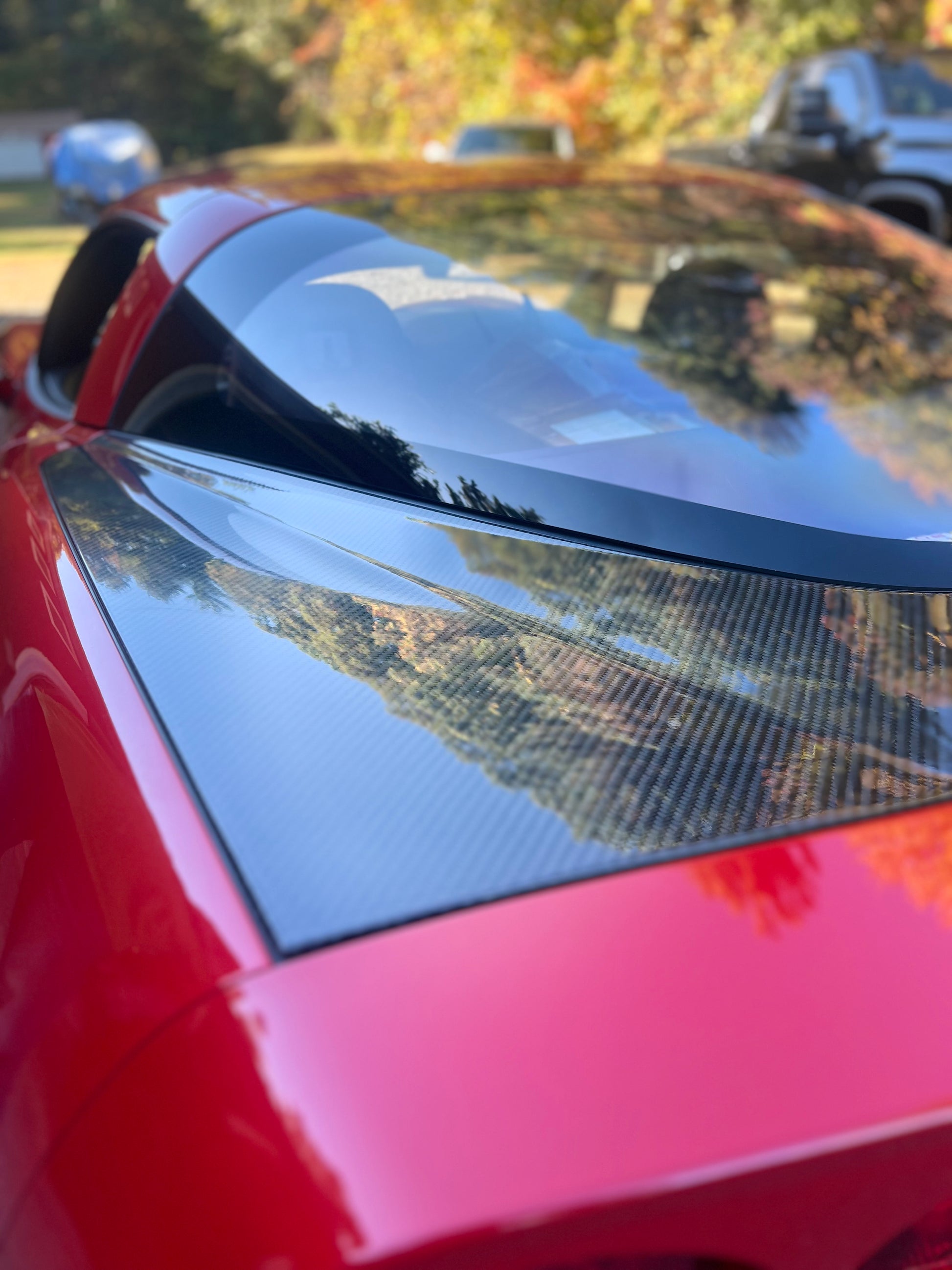 Close-up of a red car with a reflective surface showing trees and sky.